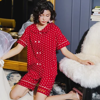 

Fashion Dot Women Pajamas Set Japan Style Night Shirts Loose Nightwear Students Sleepwear Summer Autumn Home Wear Clothing