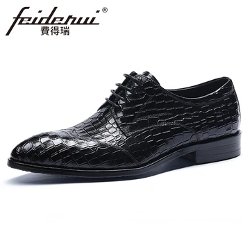 

Luxury Brand Genuine Leather Men's Pointed Toe Formal Dress Derby Flats Italian Alligator Pattern Welted Brogue Shoes HMS147