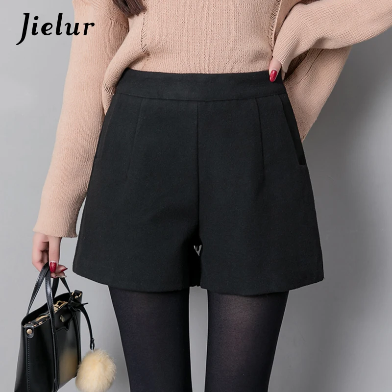 Jielur Autumn Korean Fashion Black Shorts for Women Winter Classic Basic Casual Wide Leg Short Femme Loose Zipper Woolen Shorts
