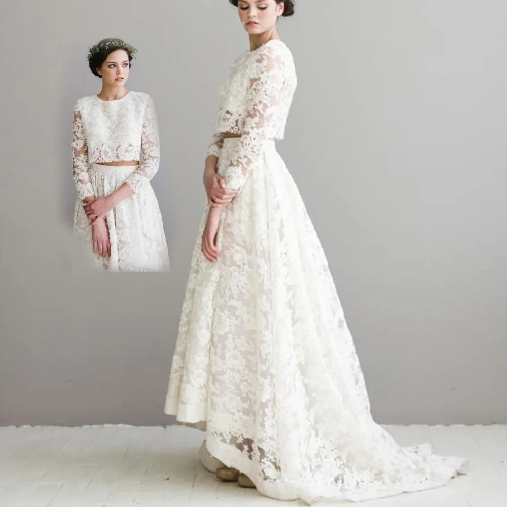 A-line-Casamento-2016-O-Neck-Long-Sleeve-White-Appliqued-Lace-Wedding-Dresses-Two-Pieces-Bridal