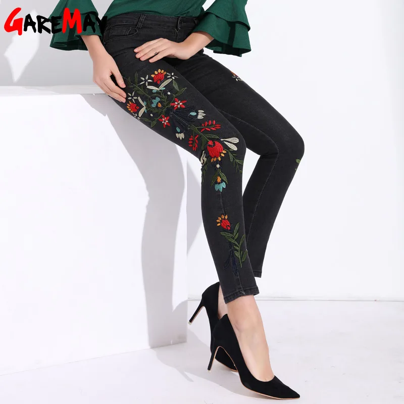 

Garemay Stretch Women Jeans With Embroidery Capri Black High Waisted Jeans Plus Size Floral Pants Womens Denim Pants Woman
