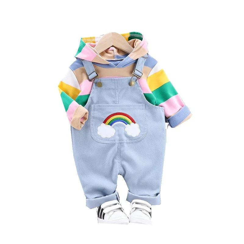 Осень Модная одежда для малышей, мальчиков и девочек дети конфеты цвета Hoodies Радужный ремешок брюки 2 шт./компл. для детей ясельного возраста, хлопковый спортивный костюм