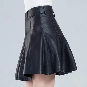 

2017 new short skirt women's autumn and winter models were thin code half skirt a word pleated PU leather skirt 03