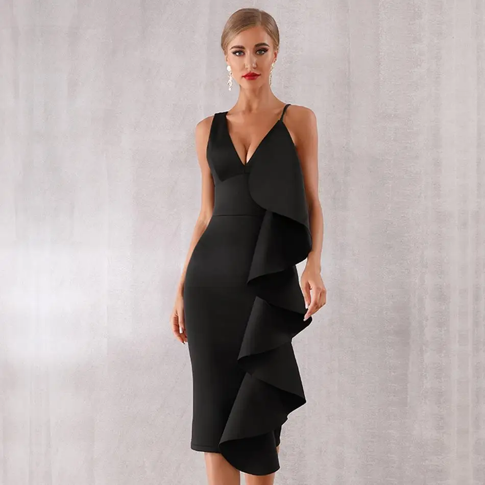 Новейшее вечернее платье знаменитостей, облегающее женское платье без рукавов с бретельками, v-образным вырезом, оборками, сексуальное платье для ночного клуба, женское платье Vestidos - Цвет: Черный