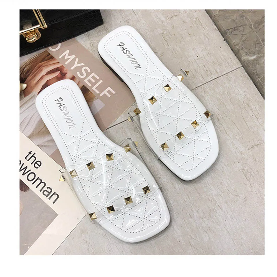 

2019 summer women's slippers fashion transparent fabric beautiful rivet decoration open toe female slippers