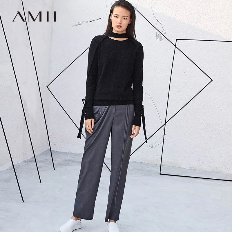 

Amii Minimalism100% Wool Black Casual Trousers Women 2019 High Waist Loose Straight Pants Ankle-Length Pants