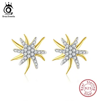 

ORSA JEWELS Genuine Silver 925 Women Earrings Starfish Shape Gold-color AAA Cubic Zircon Stud Earing Cute Silver Jewelry OSE96