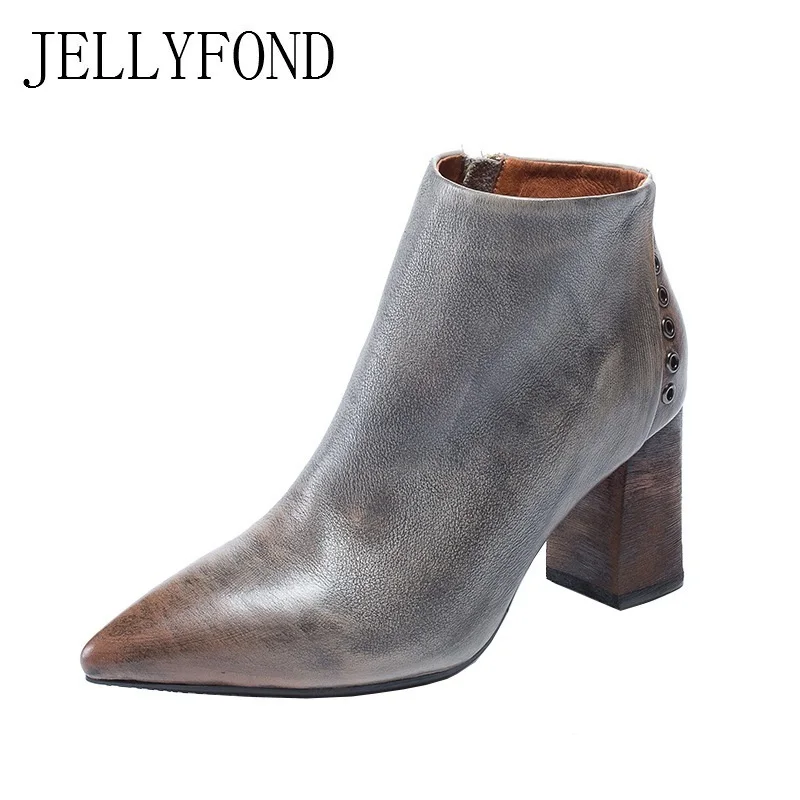 

JELLYFOND Genuine Leather Designer Ankle Boots Women Point Toe Chunky High Heels Chelsea Boots 2018 Vintage Handmade Shoes Woman
