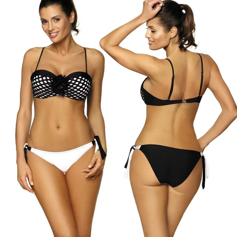 

Ladies Swimsuit Set Black White Grid Split Sling Bikini Briefs for Beach Party YS-BUY