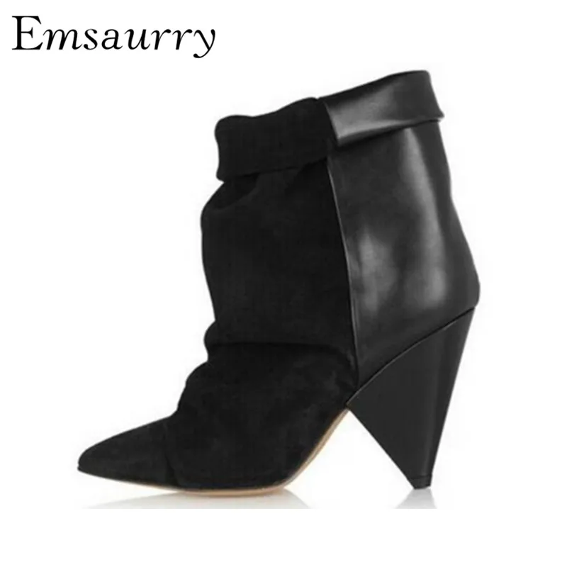 

Individual Spike Heel Ankle Boots Women Sexy Pointed Toe Black Genuine Leather Suede Patchwork Fashion Runway Booties