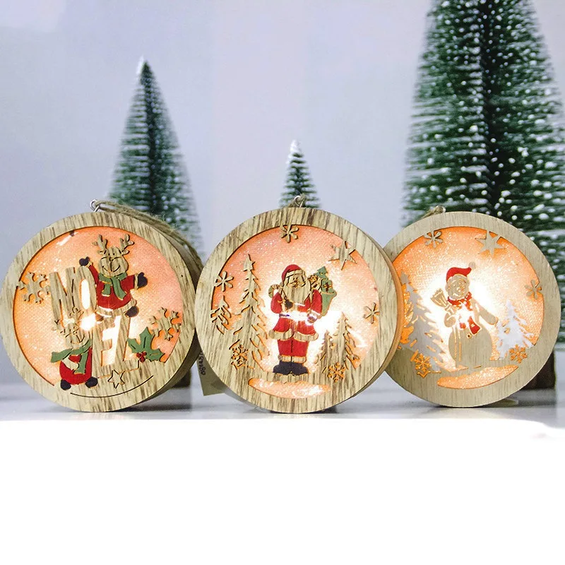 Round Santa Claus Ornaments Christmas LED Light Hanging Decor Tree Wood Luminous Decoration Kid Gifts|Кулоны и подвески| |