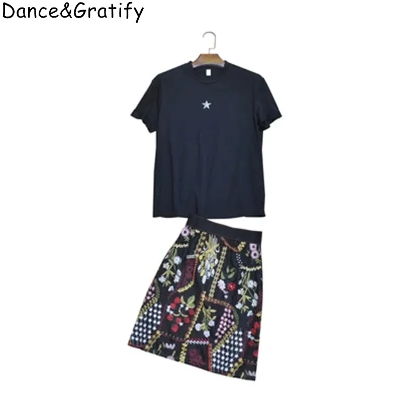 

New 2019 Summer Runway 2 Piece Set Women Stars Cotton Shirt Crop Top and Vintage Embroidery Flowers Bodycon Skirts Suit