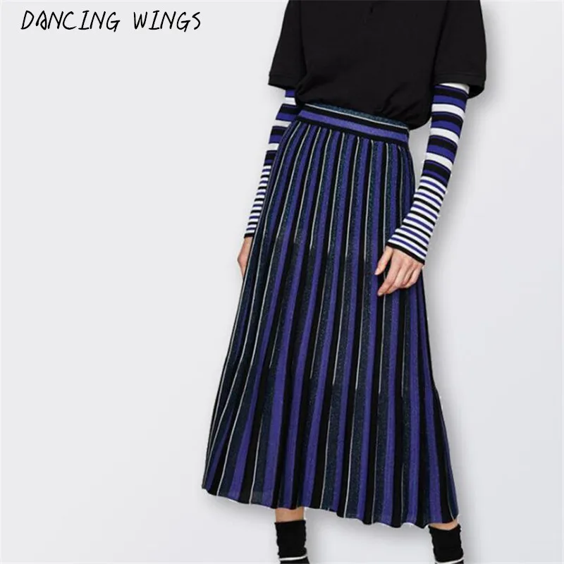 Women Knitted Pleated Skirt Autumn Winter High Waist stripe A-line maxi skirts female bottoms casual swing skirt blue