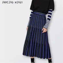Women Knitted Pleated Skirt Autumn Winter High Waist stripe A-line maxi skirts female bottoms casual swing skirt blue