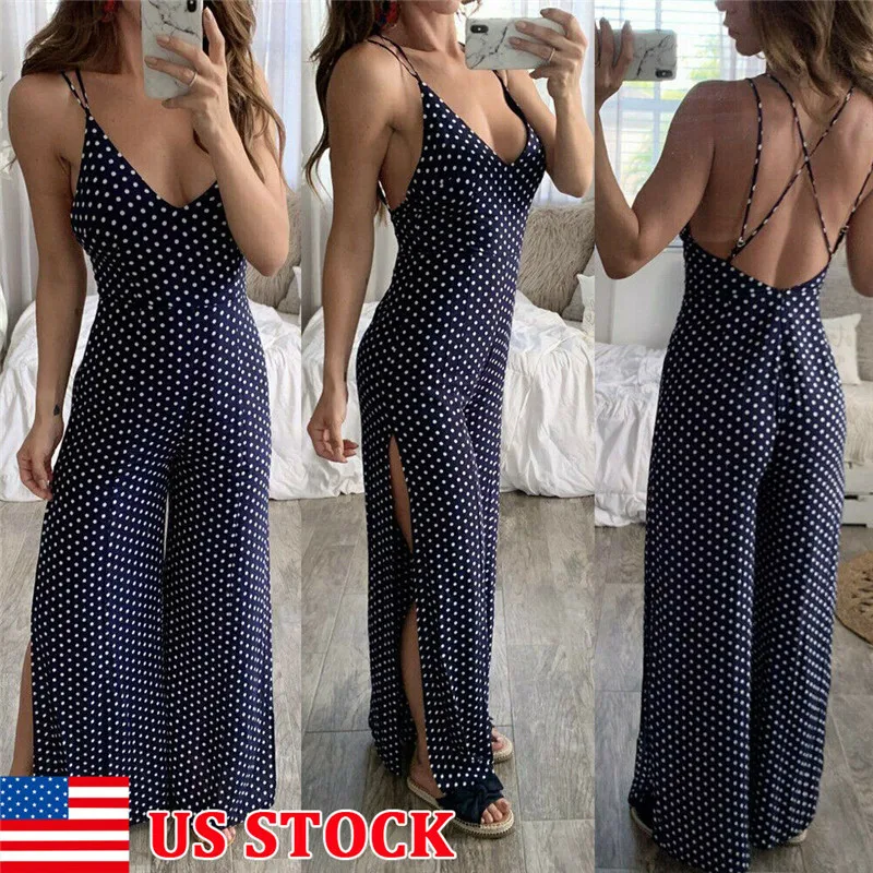 

Fashion Womens Polka Dot Jumpsuits Holiday Wide Leg Pants Long Jumpsuit Lady Backless Strappy Rompers Boho V-Neck Jumpsuits