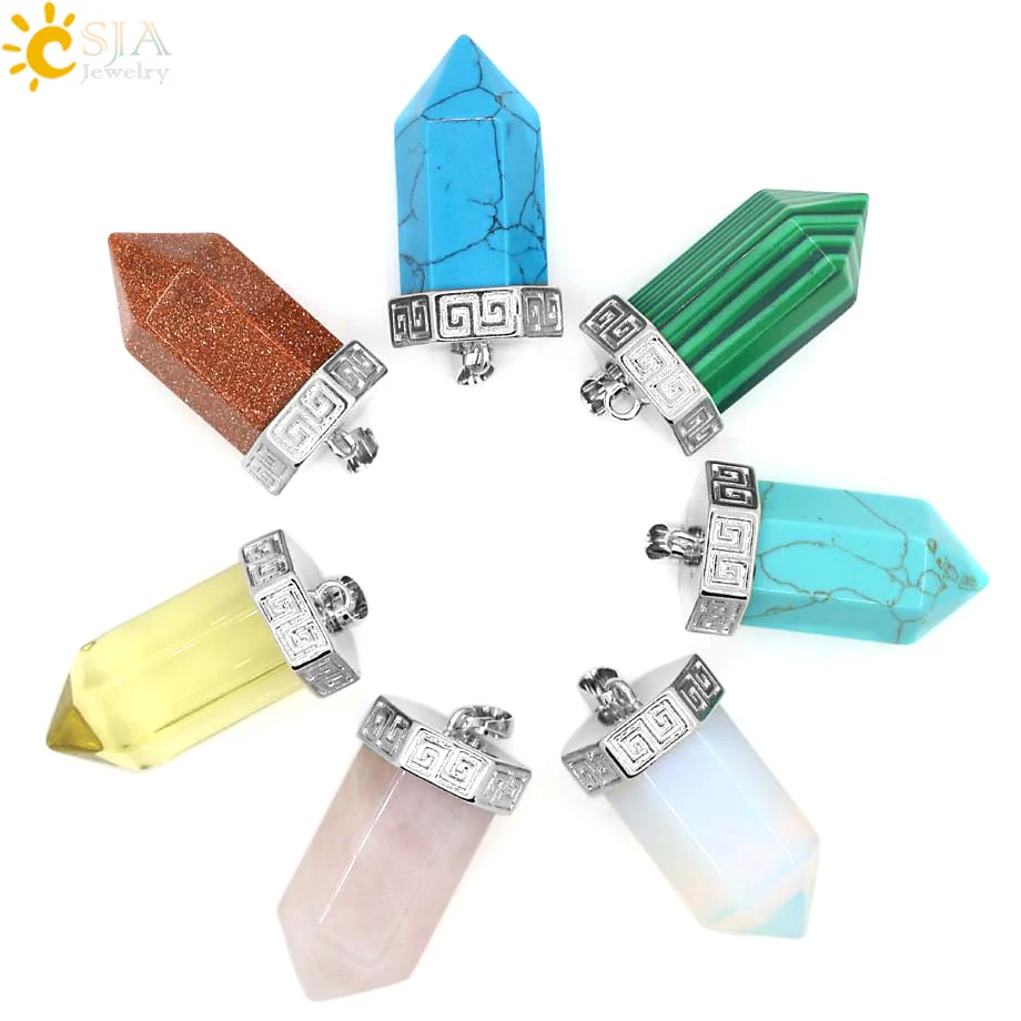 

CSJA Pink Quartz Hexagonal Prism Big Bullet Pendulum Carved Alloy Natural Gem Stone Charms Necklace Pendants Unisex Jewelry E097