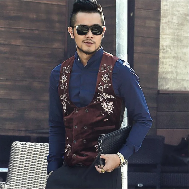 New Velvet Men Waistcoat Vest Suit Embroidered Mens Vests Double