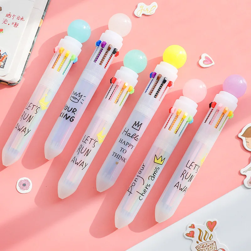

10 Colors Cute Kawaii Cartoon Crystal Ball Pen Press Crown Multi-colored Ballpoint Pens for Kids Office School Stationery