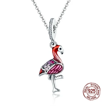 

Flamingo Dance Charm Authentic 925 Sterling Silver Enamel Bird Pendant Fit Original Tropical Bracelet Necklace