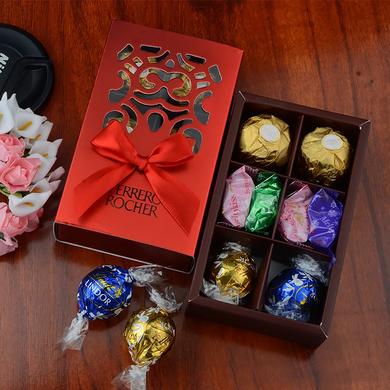 FERRERO ROCHER коробки, свадебные сувениры милые подарки сумки вечерние поставки Baby Shower Ferrero шоколадные конфеты коробки 6 отверстий золотого цвета с бантом