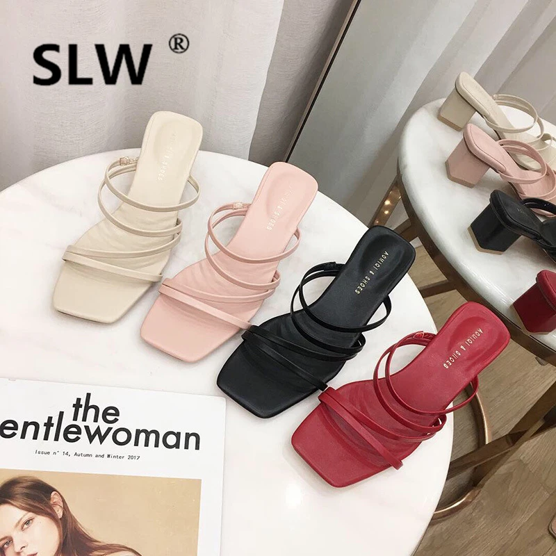 

Women's Slippers 2019 Square heel Shoes Fretwork Heels Med Ladies Flip Flops Designer Slides New Summer Flip-flops Luxury