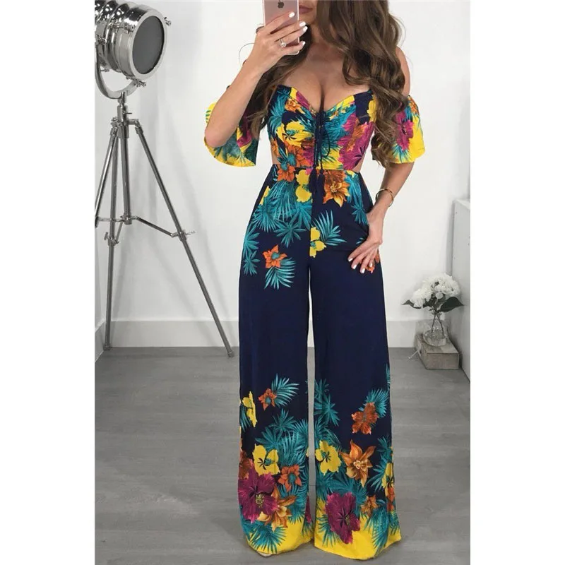 Chiffon Boho Print Jumpsuit Elegant Women Off Shoulder Plunge V Neck