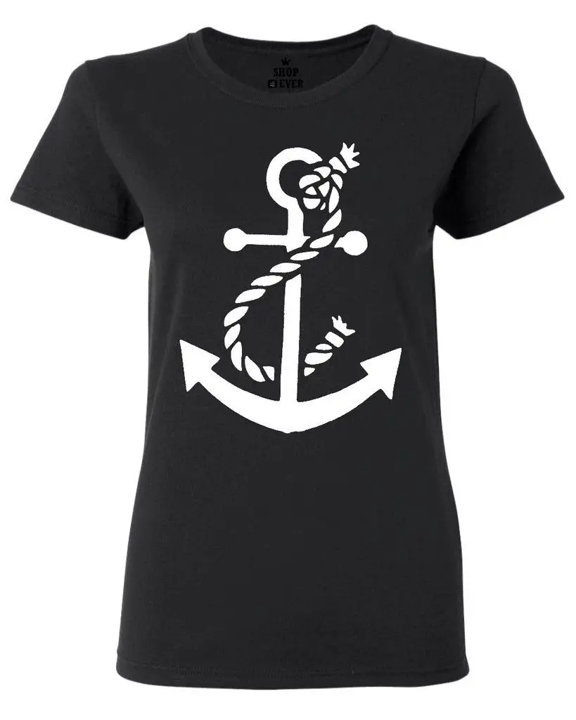 Putih Wanita T Shirt Ocean Nautical Sailer Jangkar Berlayar Pantai