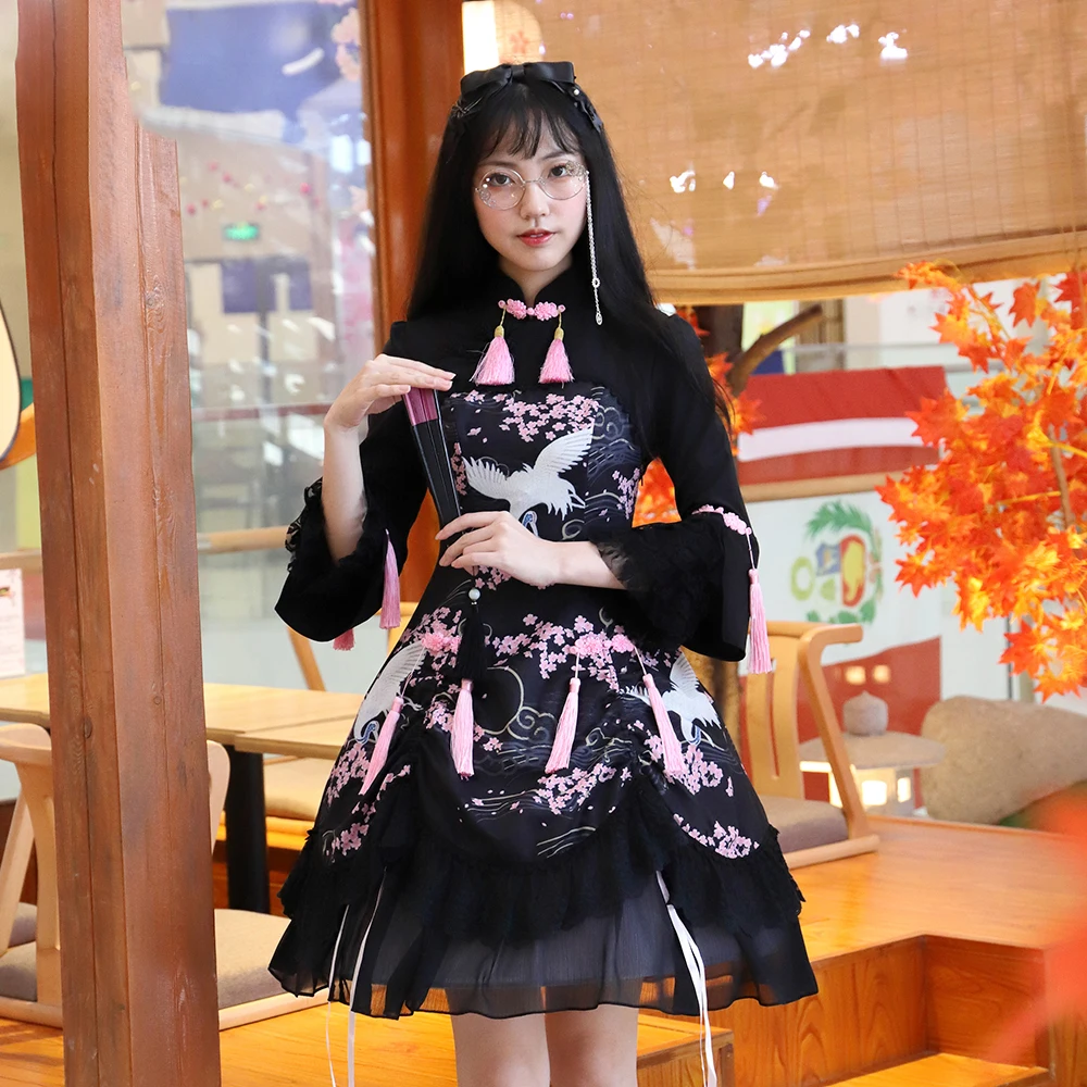 

2018 Original Chinese Style Gothic Lolita Dress black Printing Long Sleeves Chinese Knot Ruffle Multilayer For Girl Wholesale