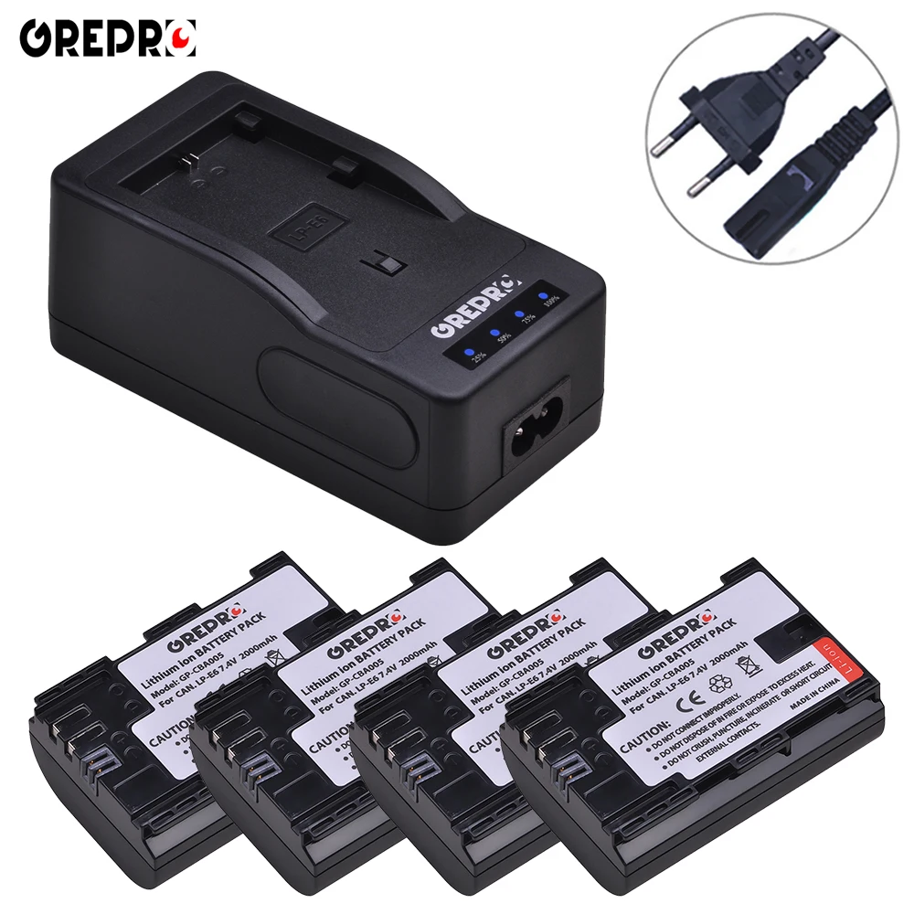 

GREPRO 4pcs 2000mAh LP E6 LPE6 LP-E6 E6N Battery+LED Charger for Camera Canon EOS 5DS R 5D Mark II 5D Mark III 6D 7D 80D Bateria