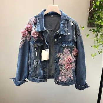 

New Autumn Women Loose Denim Jacket Flowers Fashion Beading Pink Flower Embroidery Jean Coat Causal Hole Outwear