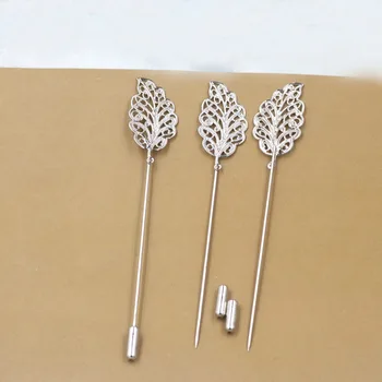 

Brooch Pins with End Stopper 17x34mm Filigree Leaf Hat Pins Bases Settings DIY Findings Rhodium tone Plated Brass Safety-pin