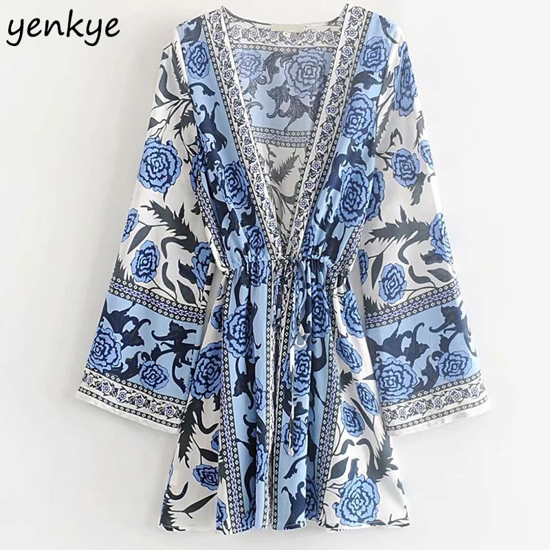 

2019 Women Blue Floral Print Summer Casual Dress Female Sexy Deep V Neck Long Sleeve Drawstring Waist A-line Short Dress