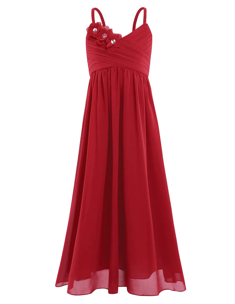 Шифоновое платье с цветочным узором для девочек; свадебное платье подружки невесты на бретельках; коллекция года; Летние вечерние платья принцессы; торжественное платье; Одежда для девочек - Цвет: Red