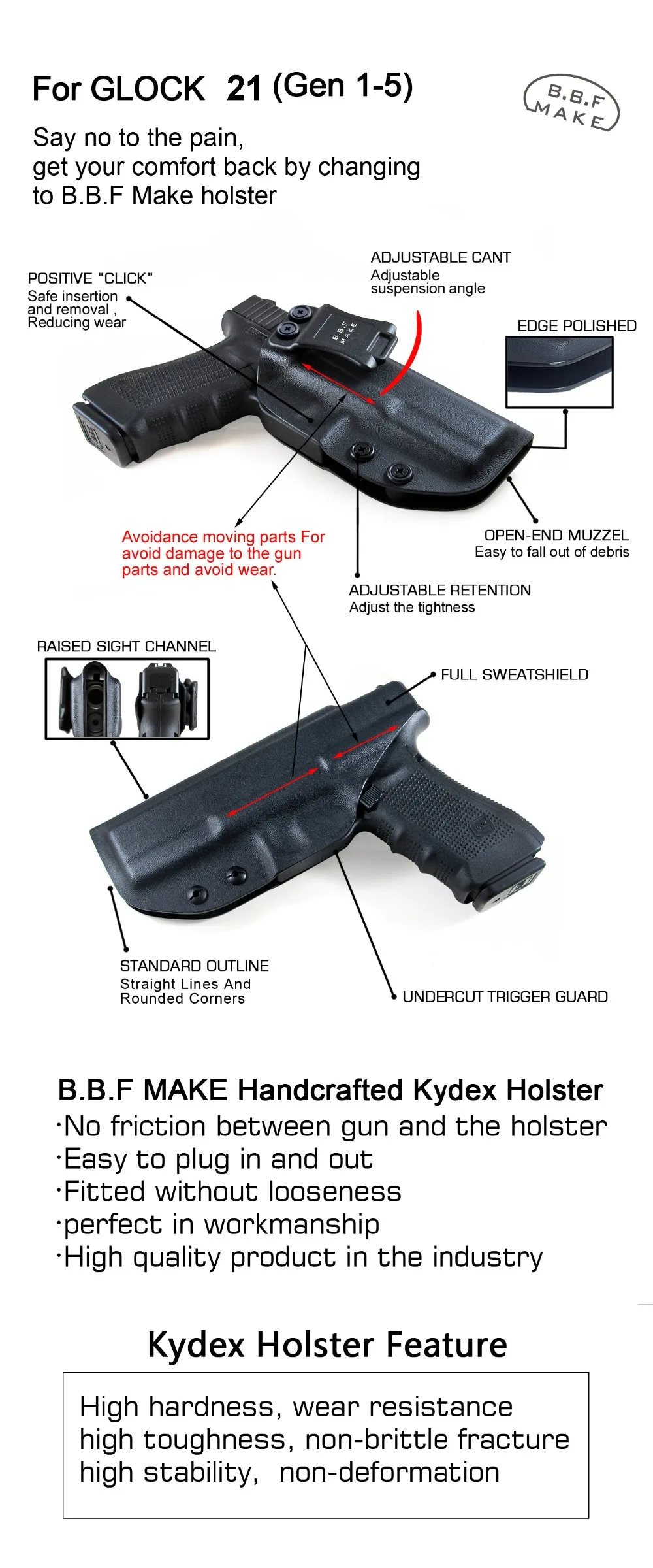 B.B.F Make IWB Тактический KYDEX пистолет кобура на заказ подходит: Глок 21 внутри скрытый пояс для переноски поршня Зажим для ремня аксессуары