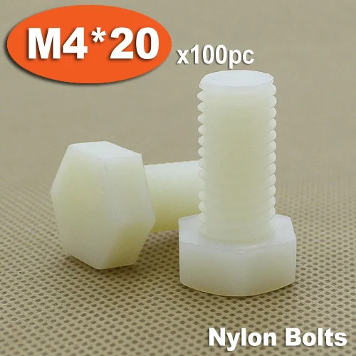 

100pcs DIN933 M4 x 20 Fully Threaded White Plastic Nylon Bolts Hexagon Hex Head Bolt Set Screw Setscrews