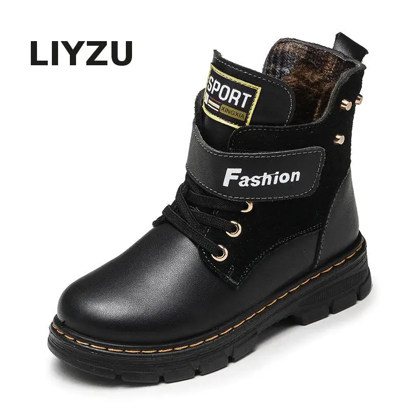 

kids school Leather Snow Boots Ankle Martin Boots Winter Fashion Boys Waterproof Warm Fluff high heel Non-slip wear-resistant