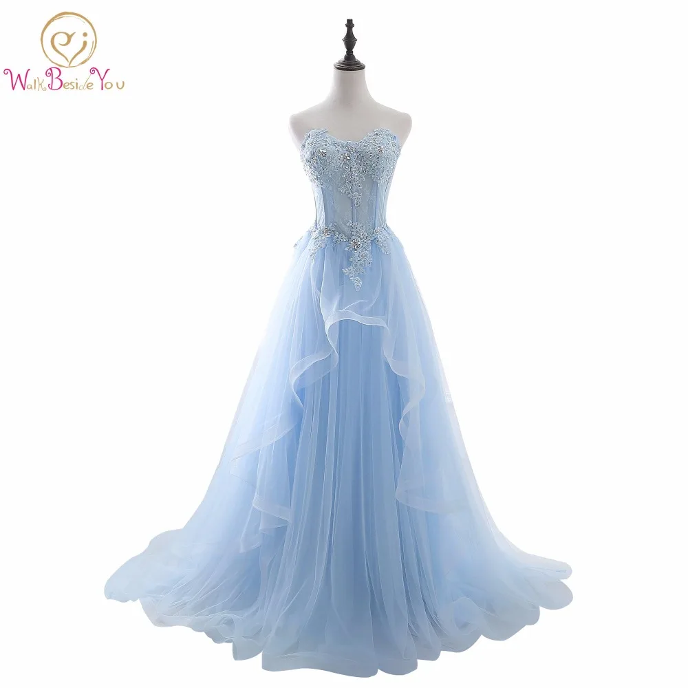 

Elegant Dresses for Prom Blue Lace Appliques Crystal Beaded Sweetheart Prom Dresses A-line Long Party Evening Dress