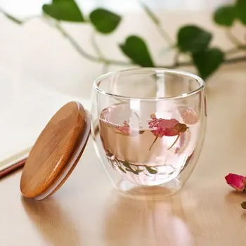 Heat Insulation Bodum Design Wine Cafe Juice Cup Free BPA Double Wall Glass For Bar Sealing Up Travel Coffee Mug With Bamboo LId 5