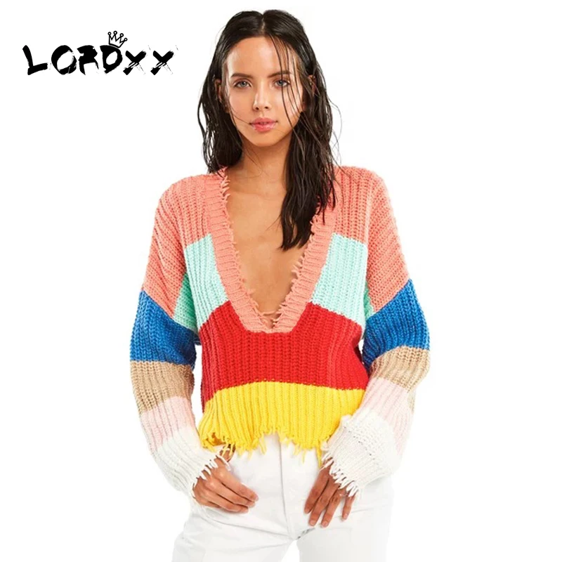 

LORDXX Rainbow Sweater Autumn Fashion Knitted Sweater Women Oversized Loose Deep v neck sweaters Ladies pullover Crop clothes