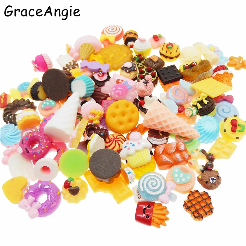 

100pcs Mix Resin Food Shape Colorful Flatback Jewelry Dessert Cookie Cake Bread Candy Icecream Lollipops Cabochons Slime Charms