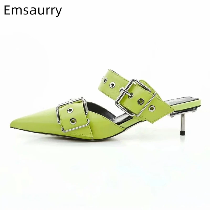 

2019 Sexy Metal Heel Catwalk Slippers Women Studded Buckle Pointed Toes Genuine Leather Mint Green Belt Summer Slides For Lady