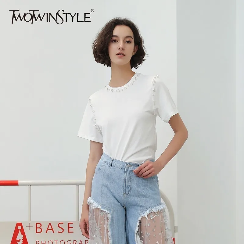 TWOTWINSTYLE Pearl Beading T Shirts For Women Short Sleeve Big Size Tops Female Shirt 2020 Summer Fashion Casual Clothing New | Женская