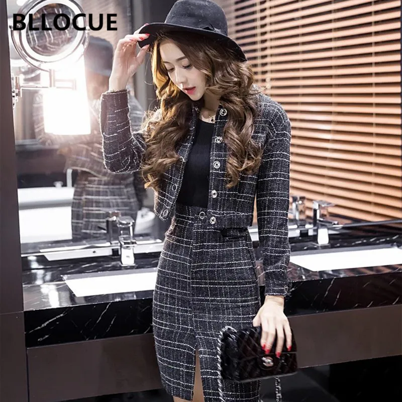 

BLLOCUE 2018 Winter Single-Breasted Plaid 2 Piece Set Women's Tweed Short Jacket Coat + Pencil Open Slit Skirt Suit