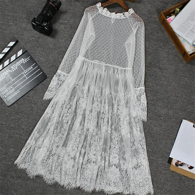 

Mesh Bottoming Dress Women Long Sleeve Hollow Perspective Lace Dress Robe Femme White Black Sweet Long Women Party Dress C5127