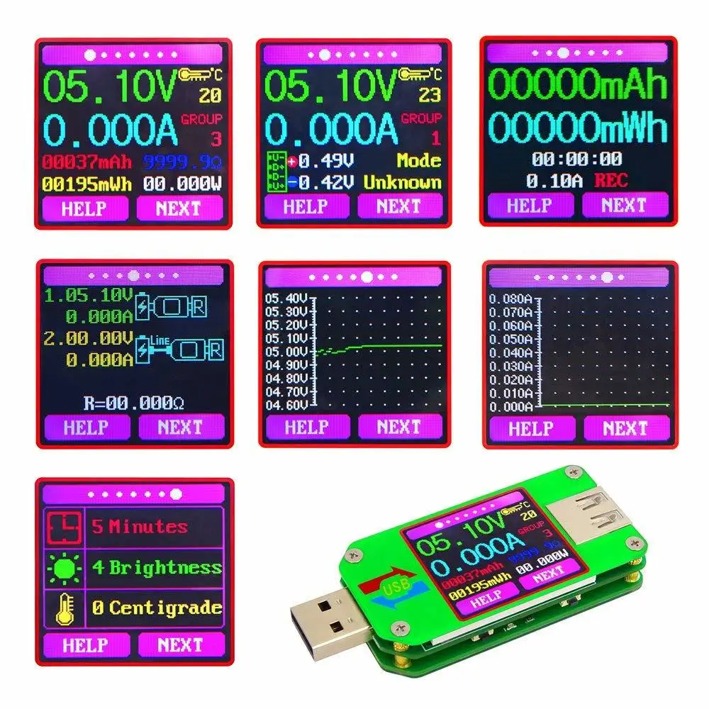 UM34/UM34C USB 2,0 цветной ЖК-дисплей USB тестер напряжения измеритель тока Вольтметр Измерение заряда батареи амперметр напряжения