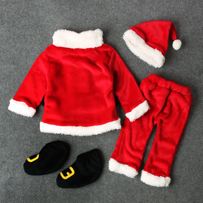 Комплект одежды с Санта Клаусом на Рождество, 4 предмета, 3-24 месяца комплекты одежды для новорожденных Зимние флисовые Топы+ штаны+ шапки+ носки, одежда для маленьких мальчиков, BC1035