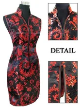 Elegant Black Ladies Satin Cheongsam Fashion Mini Qipao Novelty V-Neck Dress Flower S M L XL XXL XXXL Mujere Vestido