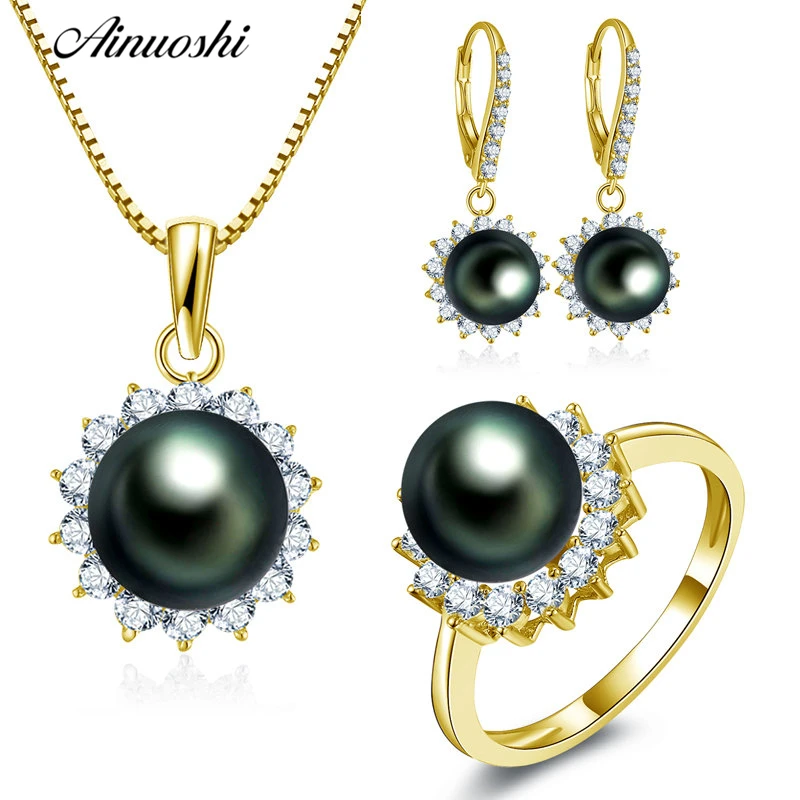 

AINUOSHI 10K Solid Yellow Gold Jewelry Set Natural Black Tahiti Pearl Pendant Ring Drop Earring Luxury Women Wedding Jewelry Set