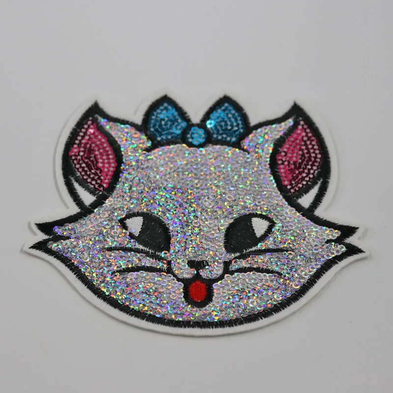 

big Sequins cat colorful beautiful Embroidered Iron on Patches for Clothing DIY Stripes Clothes diamond Stickers Custom Badges