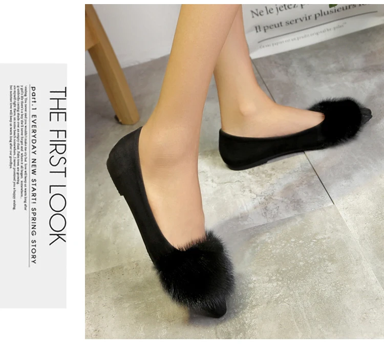 Luxury designer mink hair pointed toe creepers flats shoes high quality flock ballet flats women cozy moccasins big size 34-41